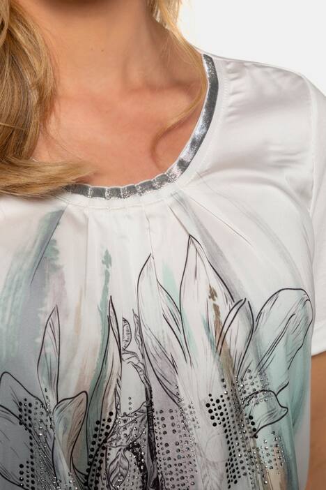 T-Shirt, Blütenmotiv, Glitzer-Ausschnitt, Gummisaum