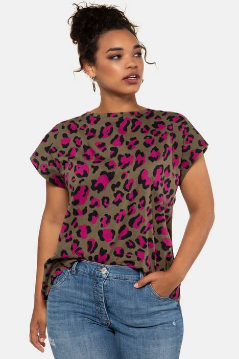 Shirt, farbiger Leo, oversized, gerundeter Saum