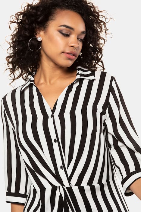 Long blouse, stripes, drapery at waist, 3/4 sleeves
