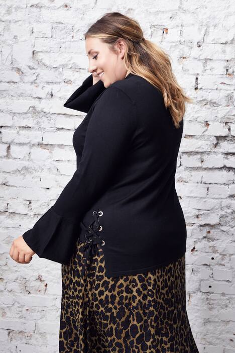 Lace-Up Side Trumpet Sleeve Mock Turtleneck