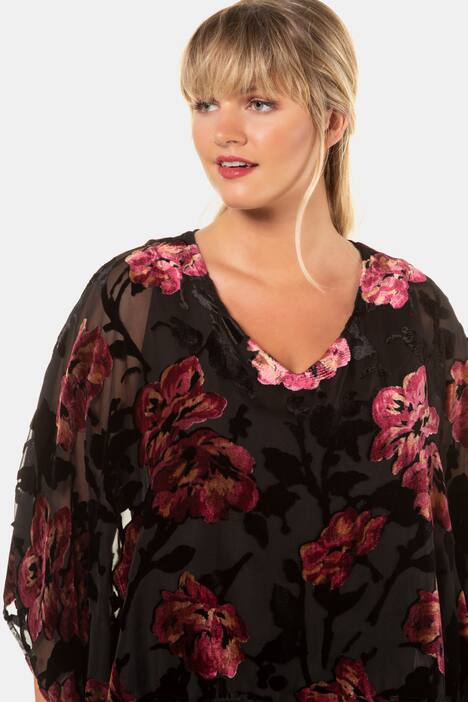 Jerseykleid, Chiffon-Überwurf, Flock-Rosen