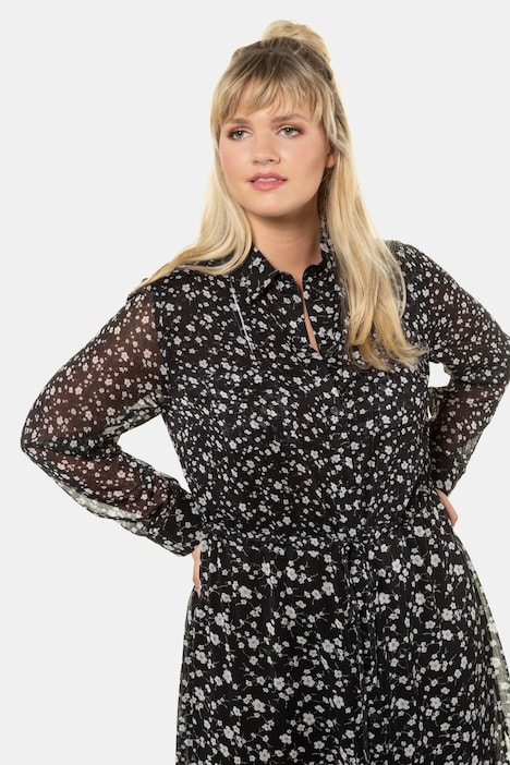 Hemdblusenkleid, Blümchen-Chiffon, gefüttert
