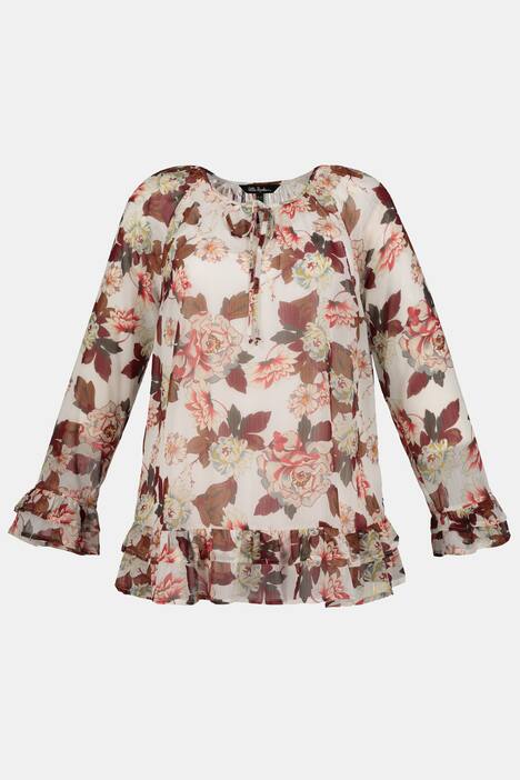 Chiffon-Tunika, geblümt, blickdichtes Top, Volantärmel