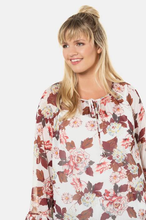 Chiffon-Tunika, geblümt, blickdichtes Top, Volantärmel