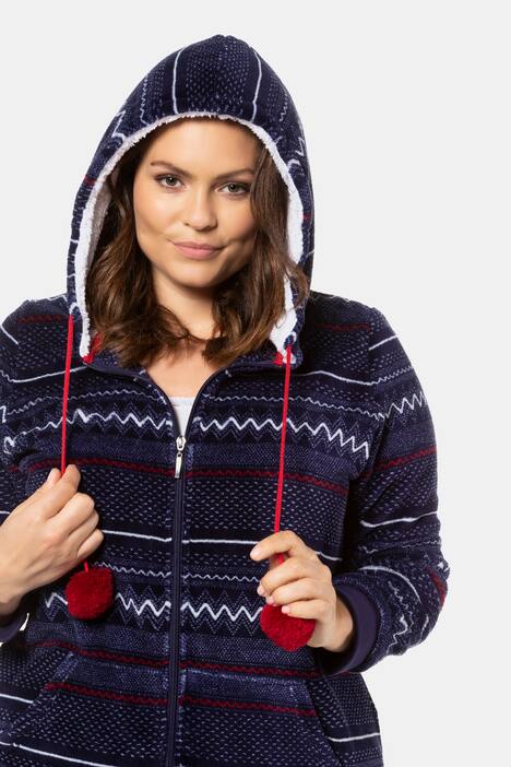 Homewear-Jacke, Plüsch-Kapuze, Pompom-Bänder