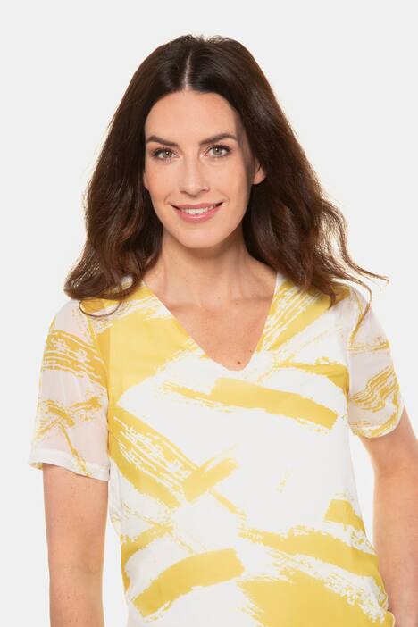 Bluse, Pinselstrich-Muster, Chiffon-Oberlage, Jerseytop