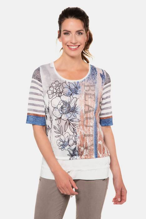 Shirt, Mustermix, Ziernieten, Saumband, Feinstrick