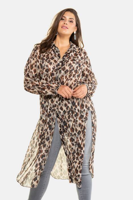 Longbluse, transparent, Leomuster, Langarm
