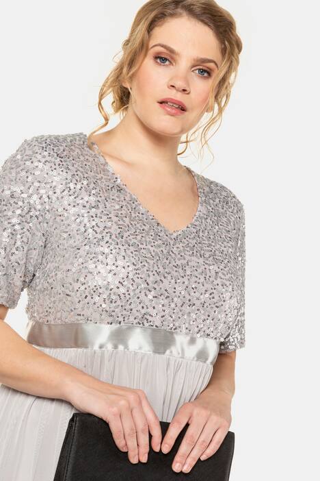 Sequin Bodice V-Neck Short Sleeve Event Dress