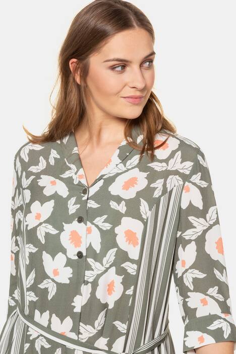 Floral Stripe Inset Shawl Collar Viscose Dress