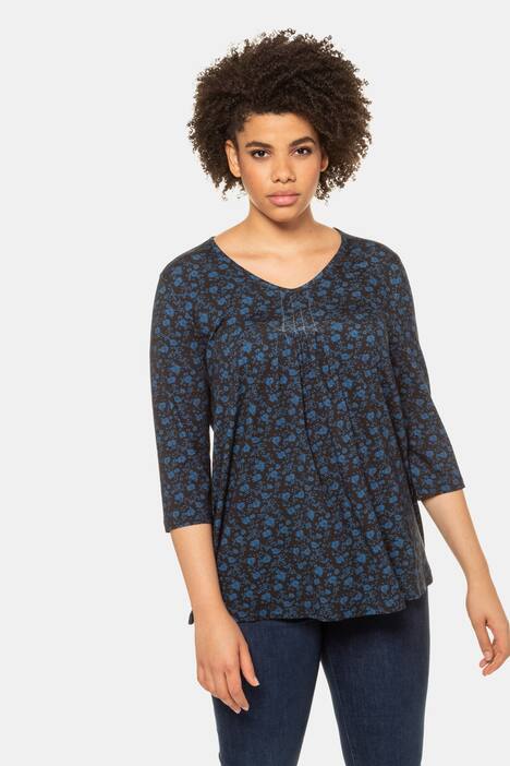 Floral Print V-Neck Stretch Knit Top