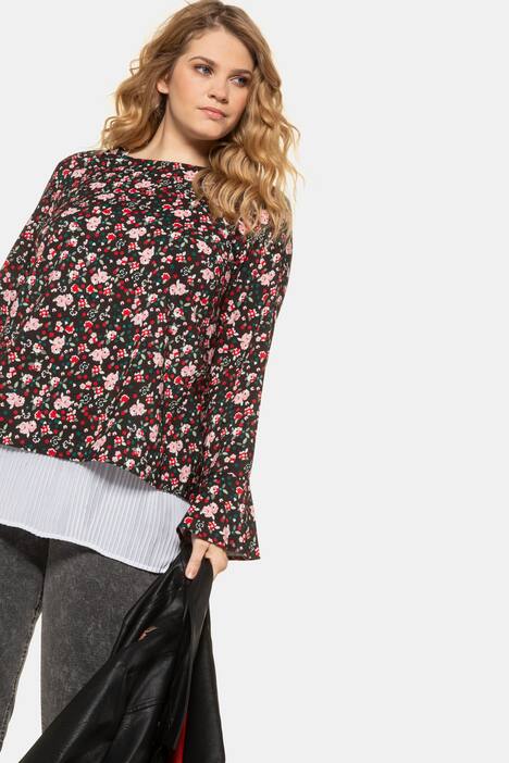 2 in 1 Floral Print Pleated Layer Long Sleeve Blouse