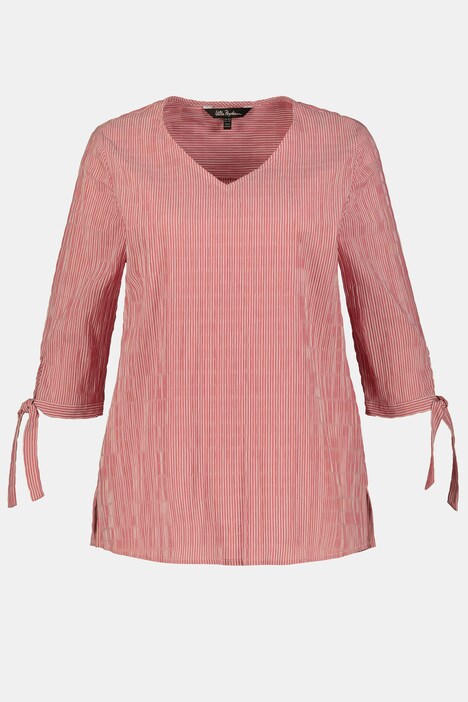 Textured Stripe Tie Sleeve V-Neck Stretch Blouse