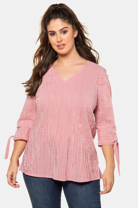 Textured Stripe Tie Sleeve V-Neck Stretch Blouse