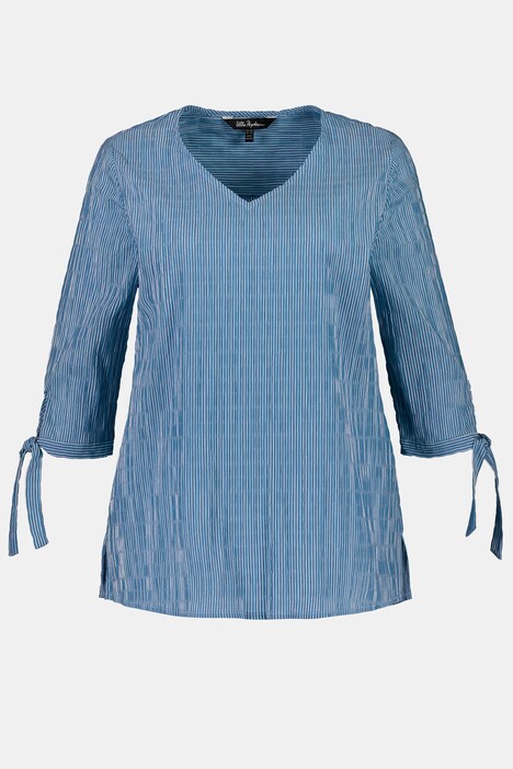 Textured Stripe Tie Sleeve V-Neck Stretch Blouse