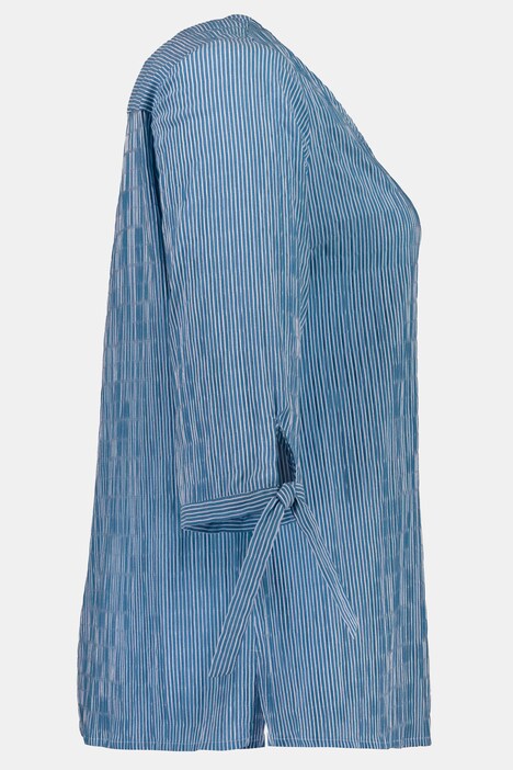 Textured Stripe Tie Sleeve V-Neck Stretch Blouse