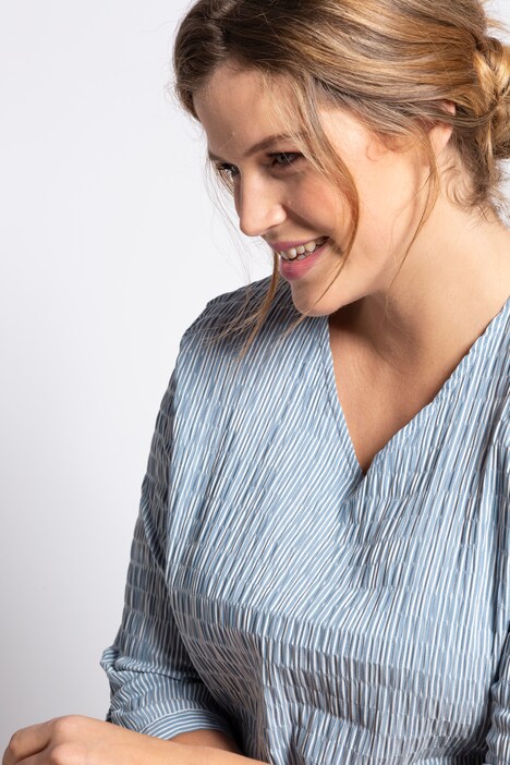 Textured Stripe Tie Sleeve V-Neck Stretch Blouse