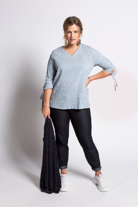 Textured Stripe Tie Sleeve V-Neck Stretch Blouse