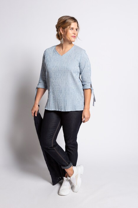 Textured Stripe Tie Sleeve V-Neck Stretch Blouse