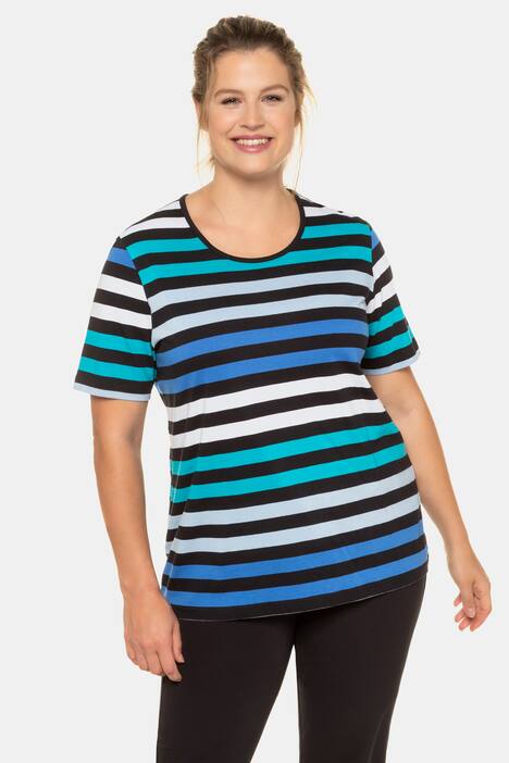 Bright Stripe Round Neck Short Sleeve Cotton Tee