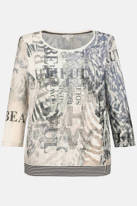 Shirt, Animaldruck, Schrift, 3/4-Ärmel, Ringelsaum