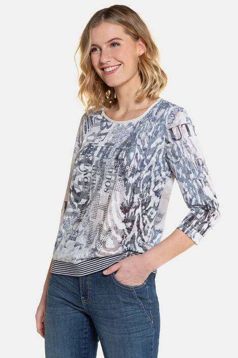 Shirt, Animaldruck, Schrift, 3/4-Ärmel, Ringelsaum