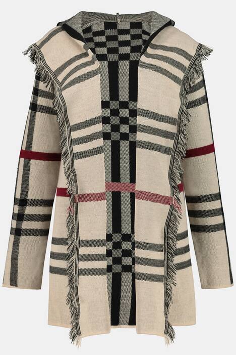 Strickjacke, XL-Karo, Kapuze, offene Form, Langarm