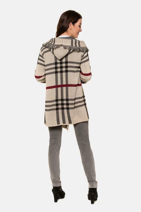 Strickjacke, XL-Karo, Kapuze, offene Form, Langarm