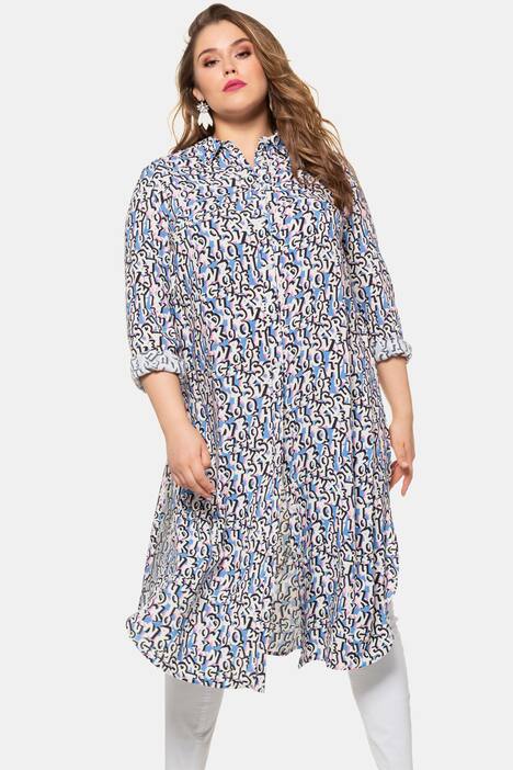Longbluse, Letter-Muster, Langarm, lange Seitenschlitze