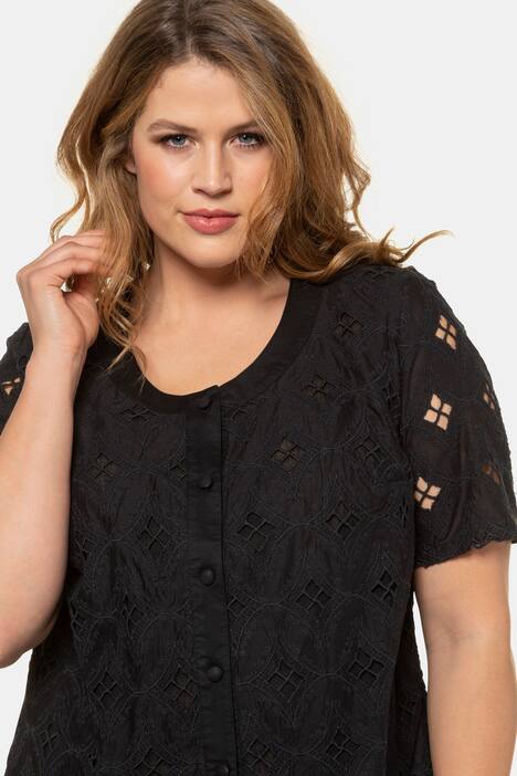 Embroidered Cutout Button Front Lined Blouse