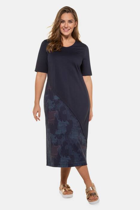 Eco Cotton Print Inset V-Neck Short Sleeve Knit Dress