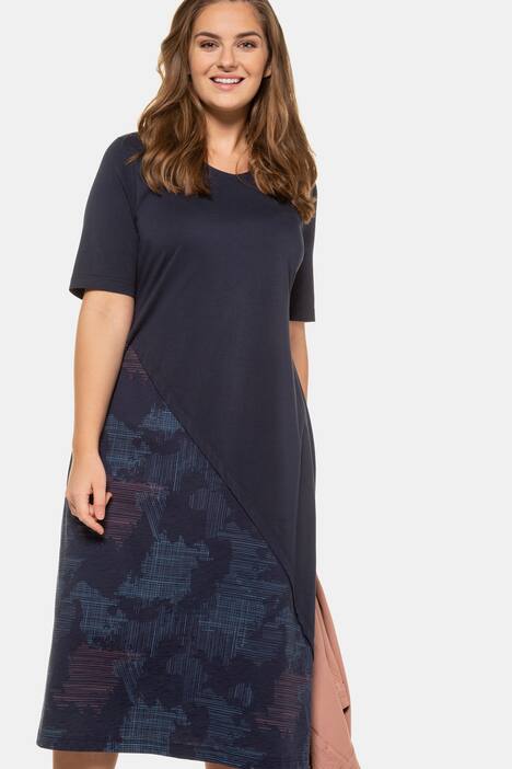 Eco Cotton Print Inset V-Neck Short Sleeve Knit Dress