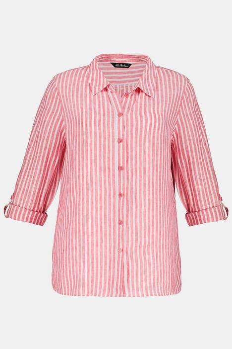 Stripe Linen Button Front Roll-Tab Sleeve Blouse