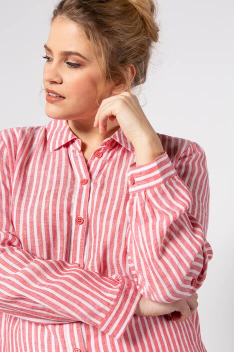 Stripe Linen Button Front Roll-Tab Sleeve Blouse