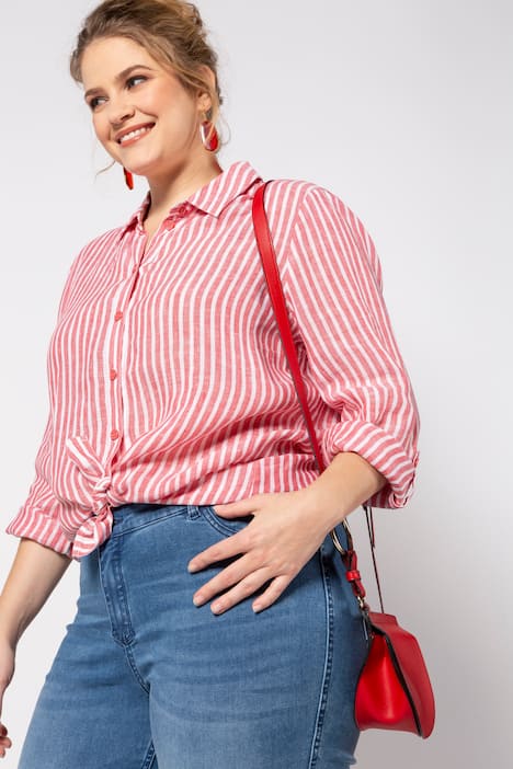 Stripe Linen Button Front Roll-Tab Sleeve Blouse