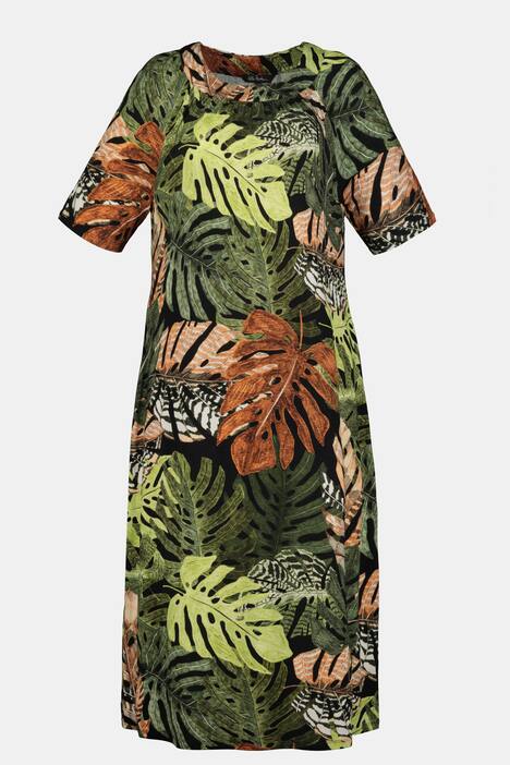 Jerseykleid, Dschungelmuster, Ärmel-Schlitze, Halbarm