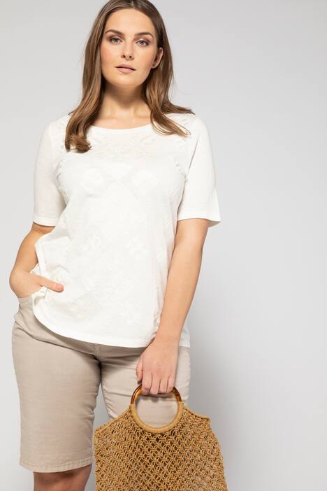 T-Shirt, Rundhals, Halbarm, grafische Stickerei