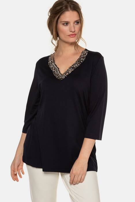 Beaded V-Neck Stretch Knit Top