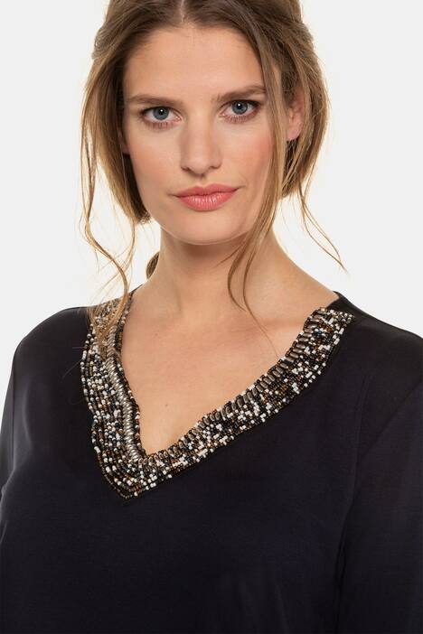Beaded V-Neck Stretch Knit Top