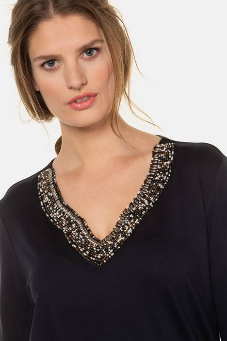 Beaded V-Neck Stretch Knit Top