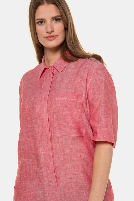 Hidden Button Front Short Sleeve Linen Dress