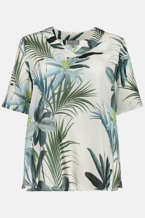 Island Print V-Neck Short Sleeve Viscose Silk Blouse
