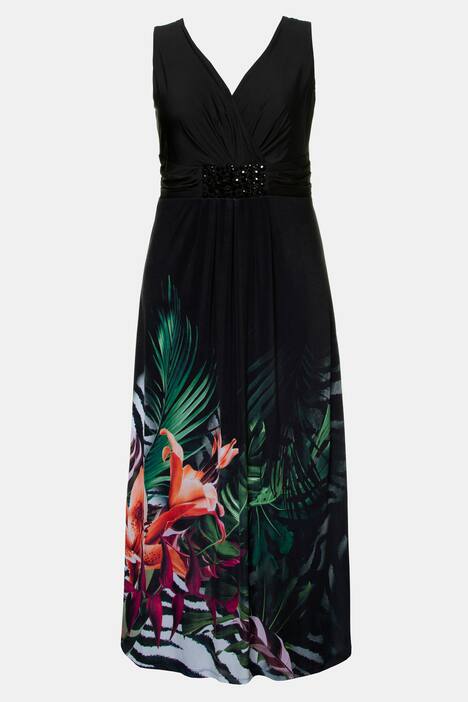 Jerseykleid, drapierte Büste, Lilienmotiv, Ziersteine
