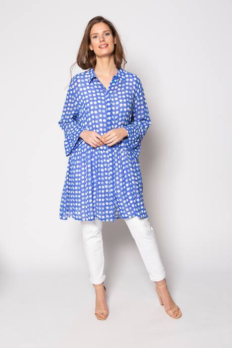 Bluse, lang, 3/4-Ärmel, Tupfen, Volants