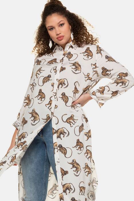 Longbluse, Affen-Muster, lange Seitenschlitze, Langarm