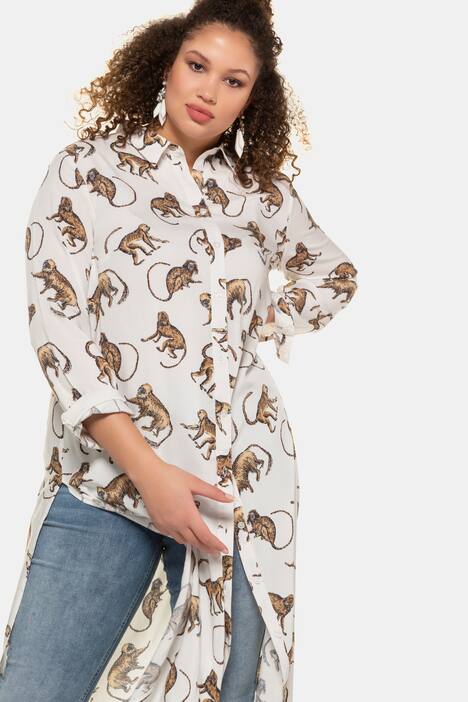 Longbluse, Affen-Muster, lange Seitenschlitze, Langarm