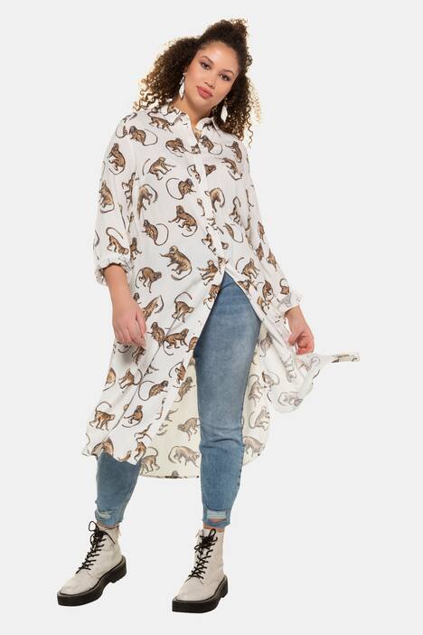Longbluse, Affen-Muster, lange Seitenschlitze, Langarm