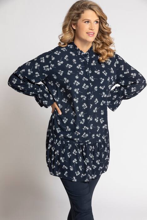 Longbluse, Blattmuster, Rüsche, Volantsaum