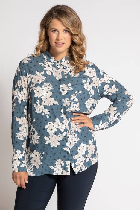 Hemdbluse, Blütenmuster, Seitenschlitze, Viskose