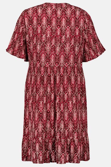 Kleid, gemustert, Saumvolant, Glockenärmel, Krepp